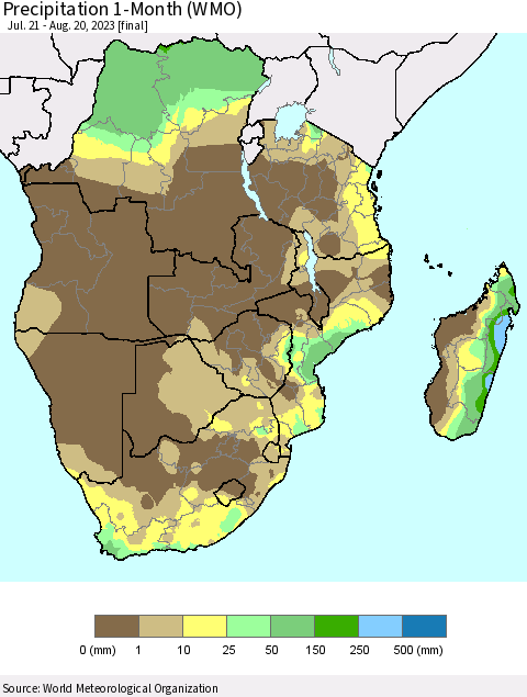 Southern Africa Precipitation 1-Month (WMO) Thematic Map For 7/21/2023 - 8/20/2023