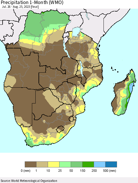 Southern Africa Precipitation 1-Month (WMO) Thematic Map For 7/26/2023 - 8/25/2023