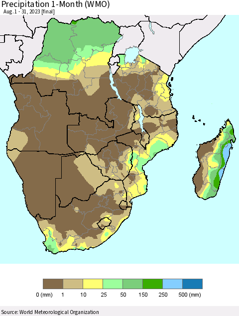 Southern Africa Precipitation 1-Month (WMO) Thematic Map For 8/1/2023 - 8/31/2023