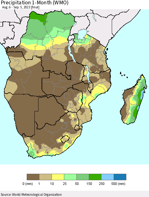 Southern Africa Precipitation 1-Month (WMO) Thematic Map For 8/6/2023 - 9/5/2023