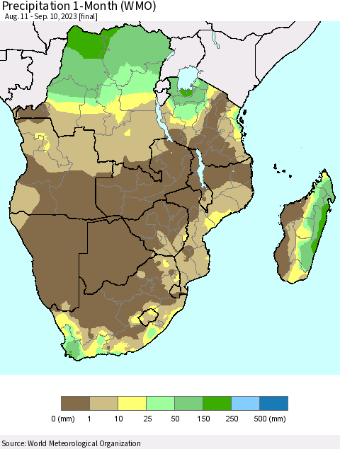 Southern Africa Precipitation 1-Month (WMO) Thematic Map For 8/11/2023 - 9/10/2023