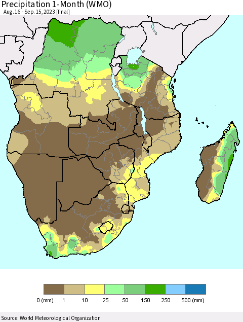 Southern Africa Precipitation 1-Month (WMO) Thematic Map For 8/16/2023 - 9/15/2023