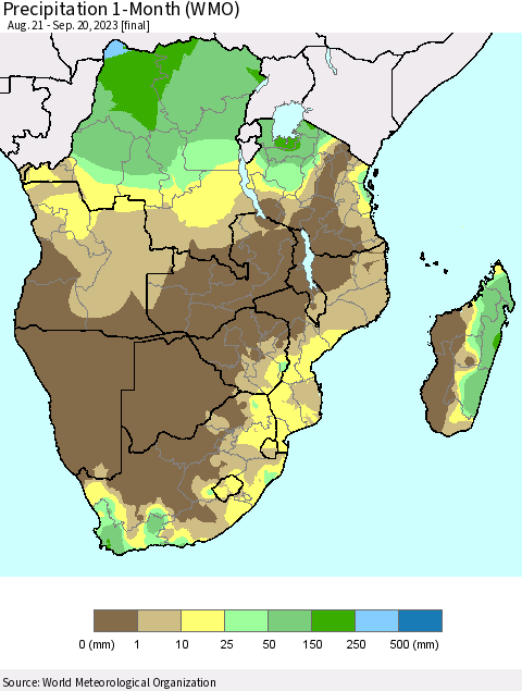 Southern Africa Precipitation 1-Month (WMO) Thematic Map For 8/21/2023 - 9/20/2023