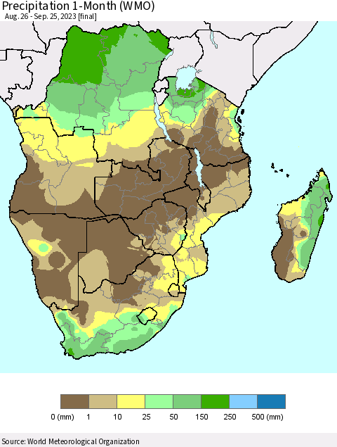 Southern Africa Precipitation 1-Month (WMO) Thematic Map For 8/26/2023 - 9/25/2023