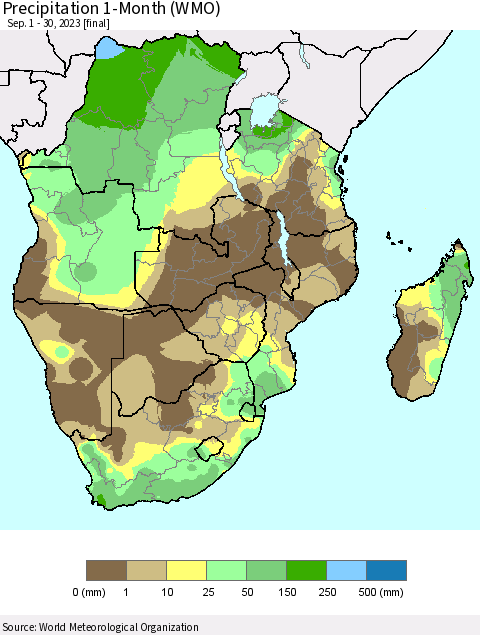 Southern Africa Precipitation 1-Month (WMO) Thematic Map For 9/1/2023 - 9/30/2023