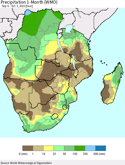 Southern Africa Precipitation 1-Month (WMO) Thematic Map For 9/6/2023 - 10/5/2023