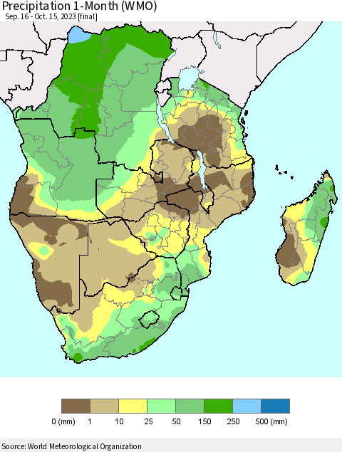 Southern Africa Precipitation 1-Month (WMO) Thematic Map For 9/16/2023 - 10/15/2023