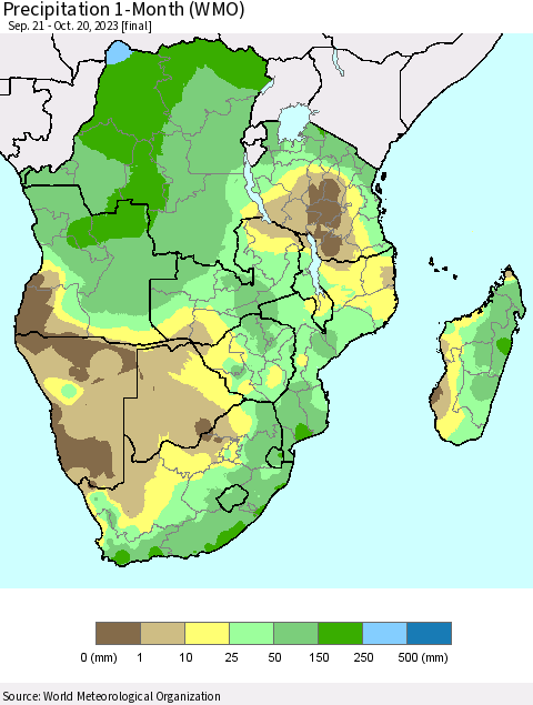 Southern Africa Precipitation 1-Month (WMO) Thematic Map For 9/21/2023 - 10/20/2023