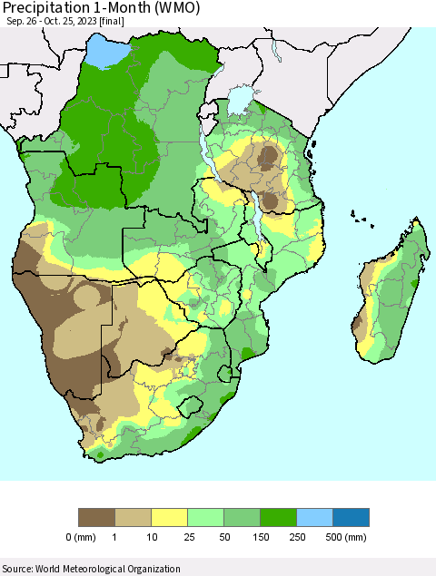 Southern Africa Precipitation 1-Month (WMO) Thematic Map For 9/26/2023 - 10/25/2023