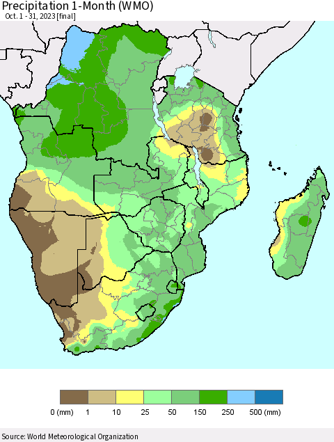 Southern Africa Precipitation 1-Month (WMO) Thematic Map For 10/1/2023 - 10/31/2023