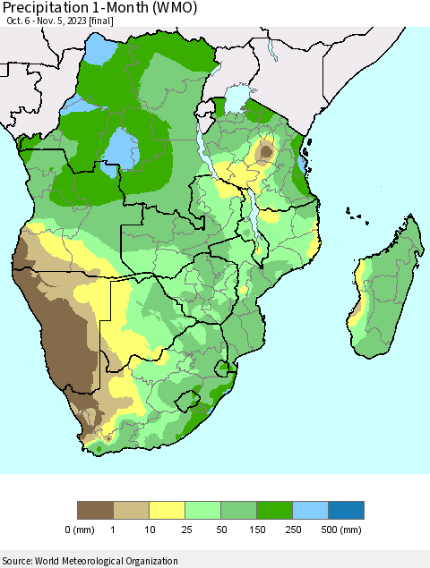 Southern Africa Precipitation 1-Month (WMO) Thematic Map For 10/6/2023 - 11/5/2023