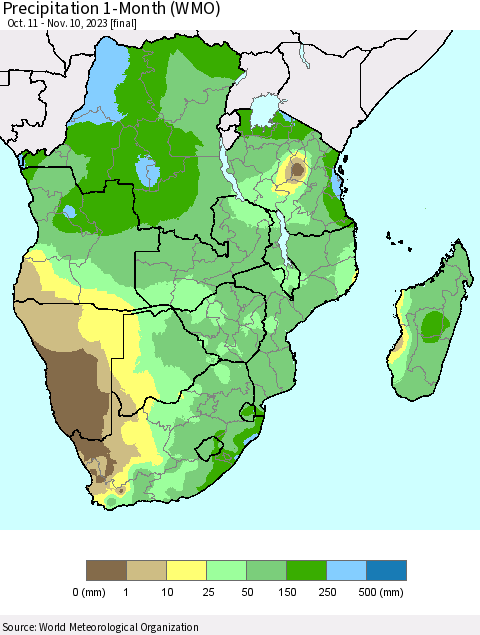 Southern Africa Precipitation 1-Month (WMO) Thematic Map For 10/11/2023 - 11/10/2023