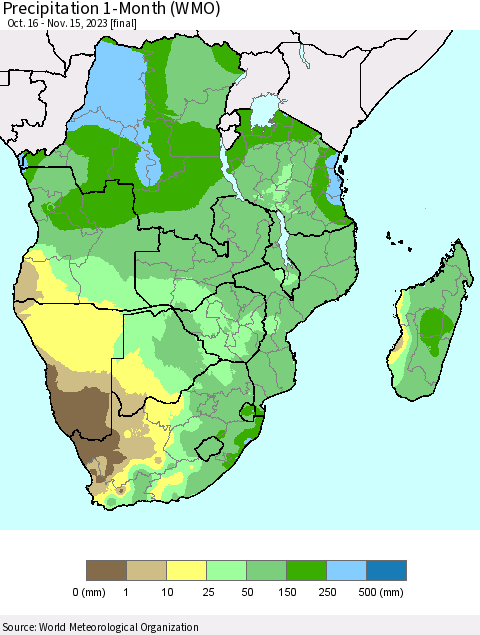 Southern Africa Precipitation 1-Month (WMO) Thematic Map For 10/16/2023 - 11/15/2023