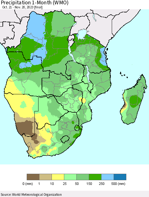 Southern Africa Precipitation 1-Month (WMO) Thematic Map For 10/21/2023 - 11/20/2023