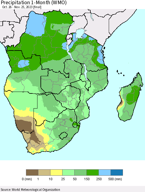 Southern Africa Precipitation 1-Month (WMO) Thematic Map For 10/26/2023 - 11/25/2023