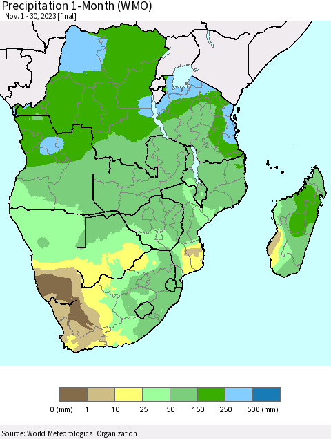 Southern Africa Precipitation 1-Month (WMO) Thematic Map For 11/1/2023 - 11/30/2023