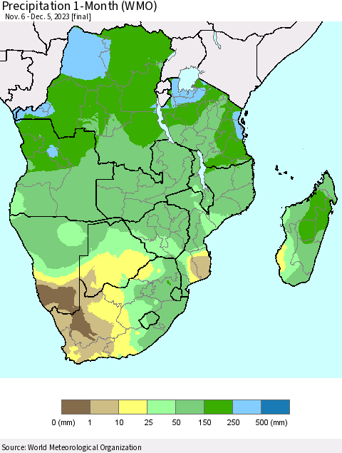 Southern Africa Precipitation 1-Month (WMO) Thematic Map For 11/6/2023 - 12/5/2023
