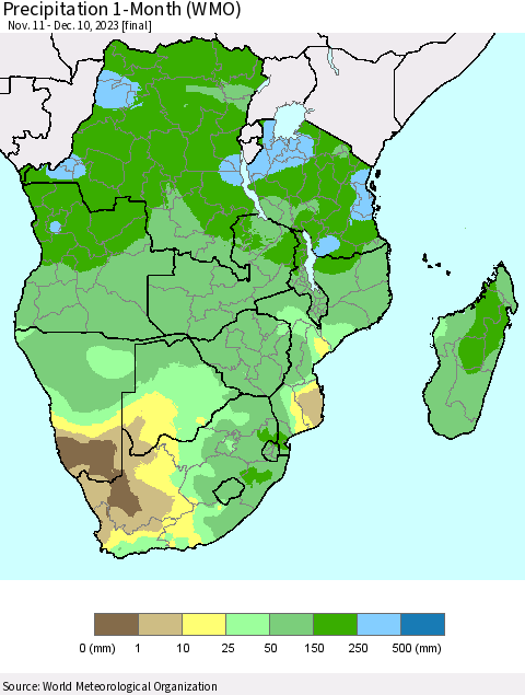 Southern Africa Precipitation 1-Month (WMO) Thematic Map For 11/11/2023 - 12/10/2023