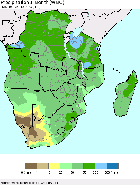 Southern Africa Precipitation 1-Month (WMO) Thematic Map For 11/16/2023 - 12/15/2023