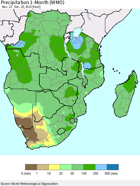 Southern Africa Precipitation 1-Month (WMO) Thematic Map For 11/21/2023 - 12/20/2023