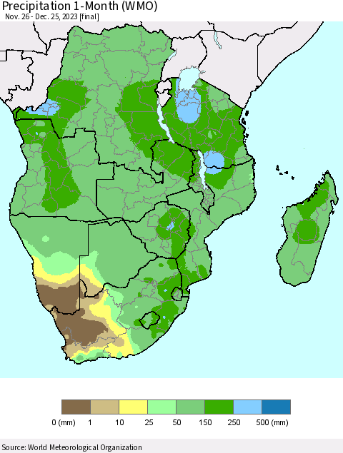 Southern Africa Precipitation 1-Month (WMO) Thematic Map For 11/26/2023 - 12/25/2023
