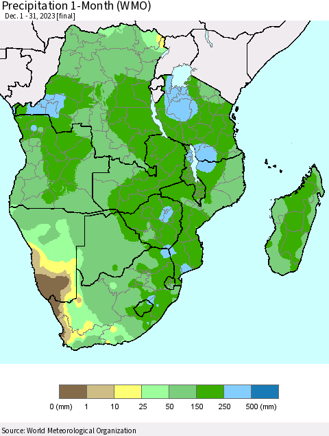 Southern Africa Precipitation 1-Month (WMO) Thematic Map For 12/1/2023 - 12/31/2023