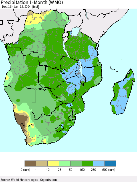 Southern Africa Precipitation 1-Month (WMO) Thematic Map For 12/16/2023 - 1/15/2024