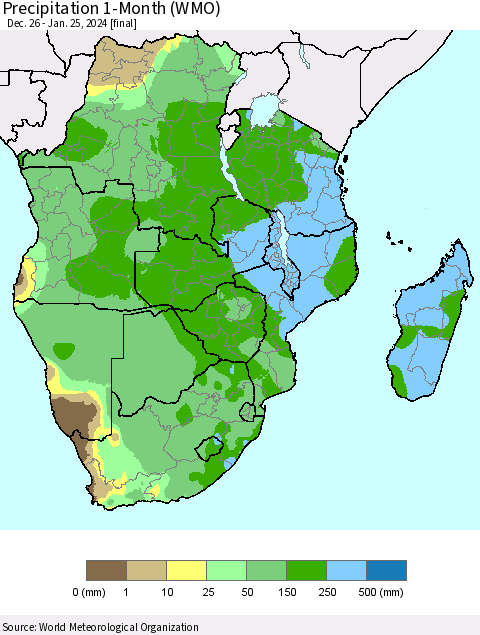 Southern Africa Precipitation 1-Month (WMO) Thematic Map For 12/26/2023 - 1/25/2024
