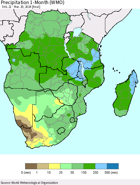 Southern Africa Precipitation 1-Month (WMO) Thematic Map For 2/21/2024 - 3/20/2024