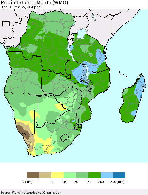 Southern Africa Precipitation 1-Month (WMO) Thematic Map For 2/26/2024 - 3/25/2024