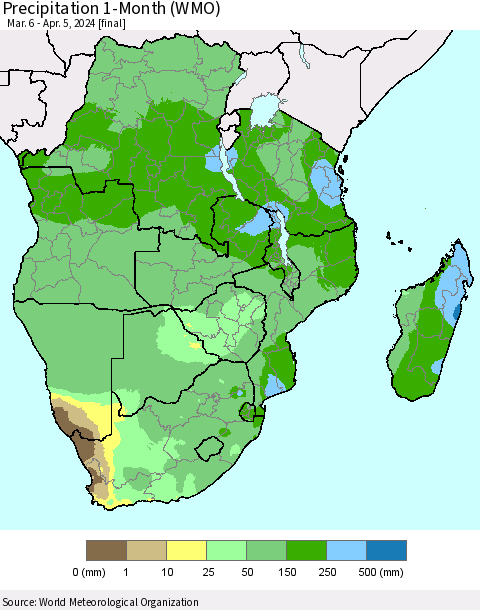 Southern Africa Precipitation 1-Month (WMO) Thematic Map For 3/6/2024 - 4/5/2024