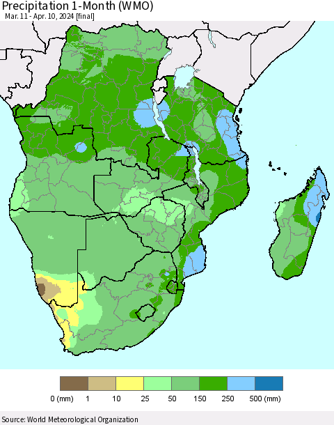 Southern Africa Precipitation 1-Month (WMO) Thematic Map For 3/11/2024 - 4/10/2024