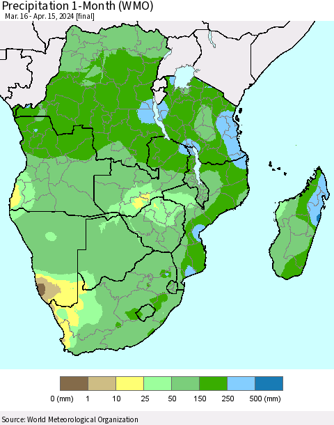 Southern Africa Precipitation 1-Month (WMO) Thematic Map For 3/16/2024 - 4/15/2024