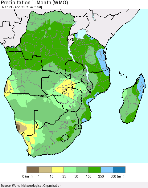 Southern Africa Precipitation 1-Month (WMO) Thematic Map For 3/21/2024 - 4/20/2024