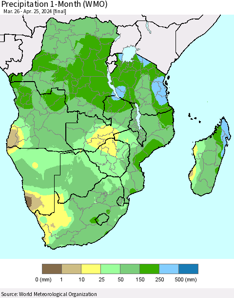 Southern Africa Precipitation 1-Month (WMO) Thematic Map For 3/26/2024 - 4/25/2024