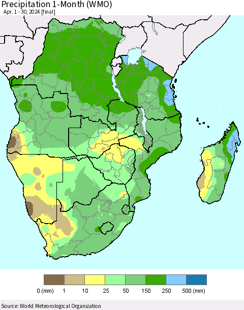 Southern Africa Precipitation 1-Month (WMO) Thematic Map For 4/1/2024 - 4/30/2024