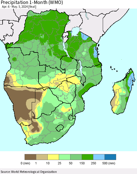 Southern Africa Precipitation 1-Month (WMO) Thematic Map For 4/6/2024 - 5/5/2024