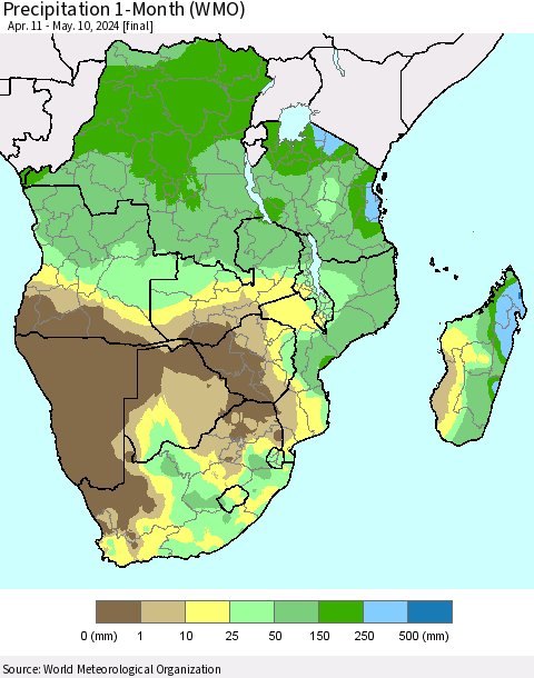 Southern Africa Precipitation 1-Month (WMO) Thematic Map For 4/11/2024 - 5/10/2024