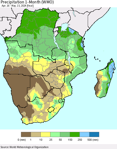 Southern Africa Precipitation 1-Month (WMO) Thematic Map For 4/16/2024 - 5/15/2024