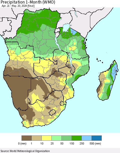 Southern Africa Precipitation 1-Month (WMO) Thematic Map For 4/21/2024 - 5/20/2024