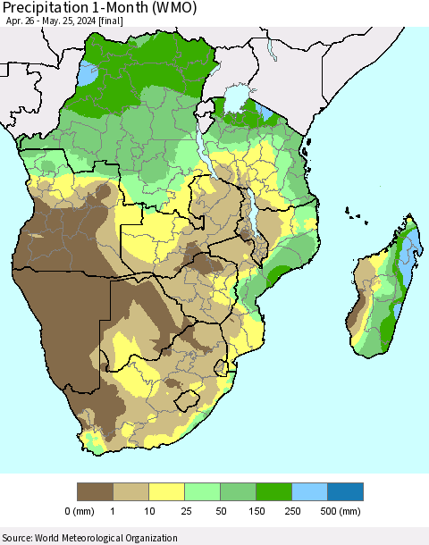 Southern Africa Precipitation 1-Month (WMO) Thematic Map For 4/26/2024 - 5/25/2024