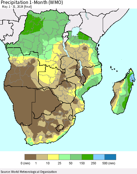 Southern Africa Precipitation 1-Month (WMO) Thematic Map For 5/1/2024 - 5/31/2024