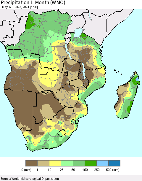 Southern Africa Precipitation 1-Month (WMO) Thematic Map For 5/6/2024 - 6/5/2024