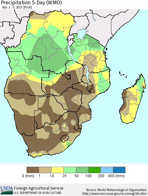 Southern Africa Precipitation 5-Day (WMO) Thematic Map For 4/1/2021 - 4/5/2021