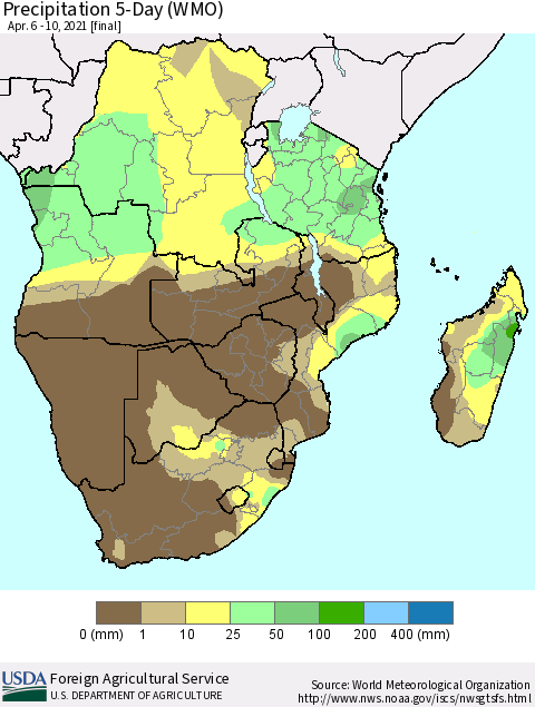 Southern Africa Precipitation 5-Day (WMO) Thematic Map For 4/6/2021 - 4/10/2021