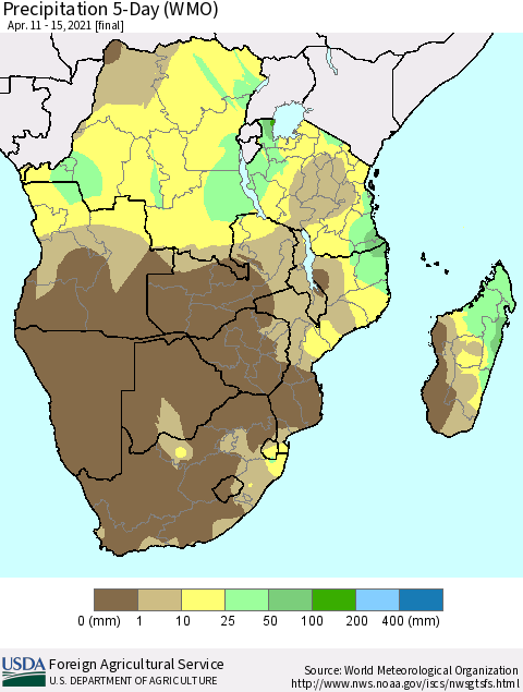 Southern Africa Precipitation 5-Day (WMO) Thematic Map For 4/11/2021 - 4/15/2021
