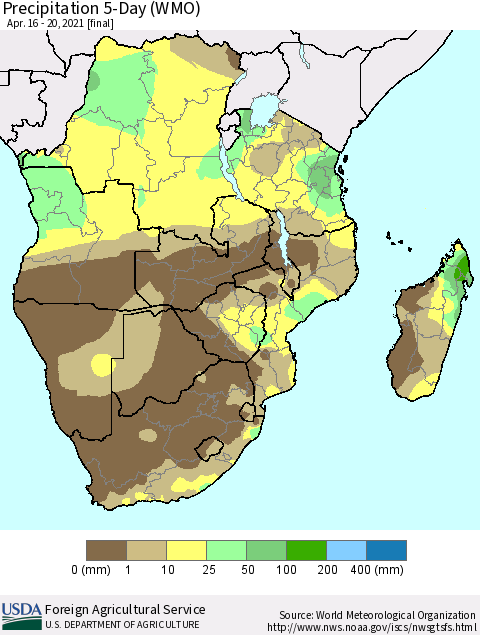 Southern Africa Precipitation 5-Day (WMO) Thematic Map For 4/16/2021 - 4/20/2021