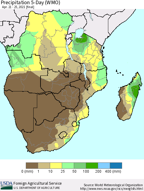 Southern Africa Precipitation 5-Day (WMO) Thematic Map For 4/21/2021 - 4/25/2021