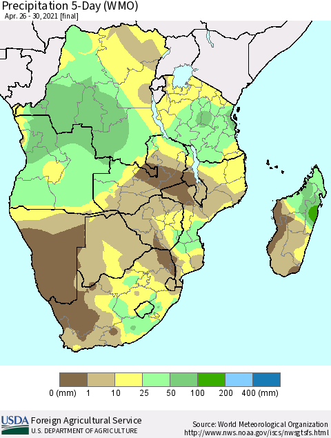 Southern Africa Precipitation 5-Day (WMO) Thematic Map For 4/26/2021 - 4/30/2021