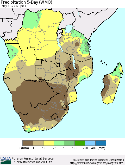 Southern Africa Precipitation 5-Day (WMO) Thematic Map For 5/1/2021 - 5/5/2021